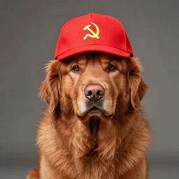portrait of clifford, a big red dog wearing a soviet union hat