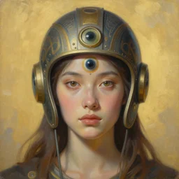 breathtaking soft painting of girl with a third eye in her forehead with an intricate retrofuturistic helmet in a golden sky, realistic symmetrical face features, rembrandt style, elegant, highly detailed, artstation, concept art, matte, sharp focus, art by tom bagshaw, and greg rutkowski