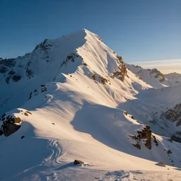 snowy mountainous landscape, cinematic view, blue sky, detailed, concept art, low angle, high detail, realistic, warm lighting, volumetric, godrays, vivid, artstation, digital painting by jordan grimmer and greg rutkowski