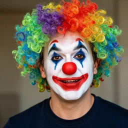 mattia binotto, clown makeup, widelens, realistic, hdr, red clown nose, colorful wig