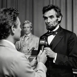 black and white photo of Abraham Lincoln being interviewed by Conan O'Brien, in the style of a Corbis archival photo, Nikon D810 | ISO 64 | focal length 20mm (Voigtländer 20mm f3.5) | Aperture f/9 | Exposure Time 1/40 Sec (DRI)