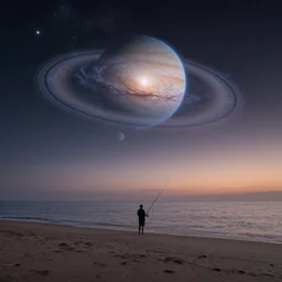 a man standing on an empty beach fishing a distant galaxy and a planet with rings visible in the dusk sky highly detailed photograph high resolution 8 k
