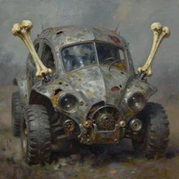 oil painting of dystopian macerated vehicle, bone handles, horror book jacket illustration baked 6 0 0 f by wayne d barlowe, geof darrow
