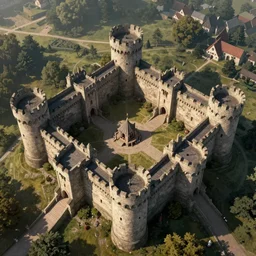 inner ward of a medieval castle, viewed from bird's-eye, concept art, key visual, very detailed, realistic, digital art
