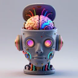 a glossy claymodel of a steampunk robot head, the top of the head is an open inspection slab, brain is made of wires and multicolored glowing tubes, 8 k, symetrical, flourescent colors, halluzinogenic, multicolored, insanely detailed, 3 d render, octane
