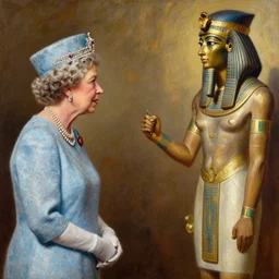 hyper realistic oil painting of photo of queen elizabeth ii age 6 0, meeting cleopatra in egypt, in the style of caravaggio