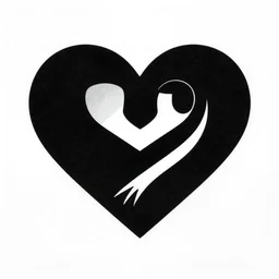 clean black and white print, high contrast, logo of an heart with a stylized human body form _ inside