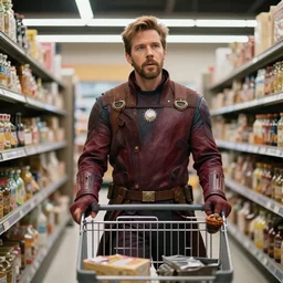 film still of Star-Lord shopping in a supermarket in the new Guardians of the Galaxy movie, 4k