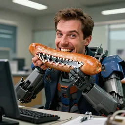 an imperfect journalistic portrait of a mecha accountant, after he has caught a truly enormous frankfurter in his mouth. he grins proudly, baring his gargantuan razor sharp teeth like blades of a professional food processor