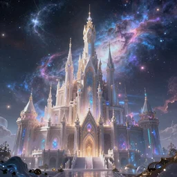 a beautiful celestial castle outside of time and space, dreamy, ethereal, eternity, the universe, cosmic, majestic, interstellar, iridescent sky, vibrant, nebula, digital art, airbrush, intricate, epic, depth, artstation, highly detailed, octane render, 8k