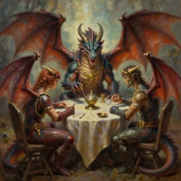 dragons with wings sitting around a table playing dnd, oil painting
