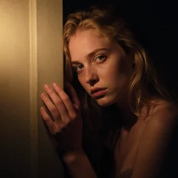 girl under torchlight by vittorio reggianini, by auguste toulmouche, dark lighting, perfectly detailed eyes, beautiful hands, pale skin, blonde hair, leaning on door