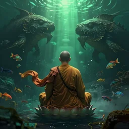 backside of ancient wise monk meditating underwater, lotus pose, monk is in the centre of the frame, epic composition, fabrics flying around him, smoky, dark, mysterious, colourful fish, giant sea creatures, high detail, green vibrant light, digital art, artstation, unreal engine 5, octane render