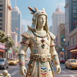 ceramic bounty hunter neocyberpunk in tribal regalia, on the street under skyline buildings and streets, an idea seep's into infinity highly detailed 3 d in volumetric latent space, cinematic light, sharp focus, divine realm of gods, octane render,