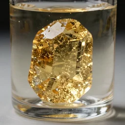liquified golden crystal in a transparent container, realistic, trending on artstation
