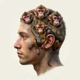 human head with little monkeys inside it, digital art, hyper detailed