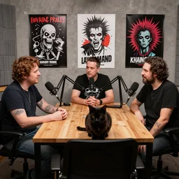 three people talking in a podcast studio. there are punk posters on the walls and a cat on the table. digital art