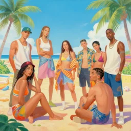 beautiful painting of hiphop solarpunk summertime chill, by kevin gnutzmans, julie blackmon, julie bell, johannes voss, donato giancola, lorenz hideyoshi, martin ansin, miho hirano. trending on artstation, 8 k, masterpiece, graffiti paint, fine detail, full of color, intricate detail, golden ratio illustration, face enhance