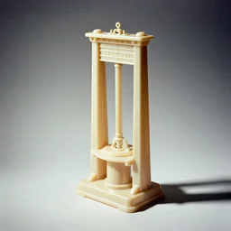 vintage analog product photography of a historical old-fashioned plastic french guillotine, studio lighting, film grain, color bleed