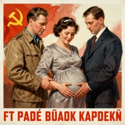Soviet propaganda poster with pregnant men by Dmitry Moor