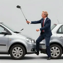 1 0 0 mm colour photograph of geert wilders attacking and wrecking a car with golf club in amsterdam while angry mob is shouting, fire, smoke, atmospheric lighting, by joel meyerowitz, by saul leiter