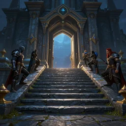matte painting of stone steps at midnight fantasy leading do a viking doorway opened, artstation by emilia dziubak, will terry, greg olsen, chris mars, ann long, and mark brooks, gret ritkowski dramatic, architecture, colorful clean and sharp glossy, warcraft architecture