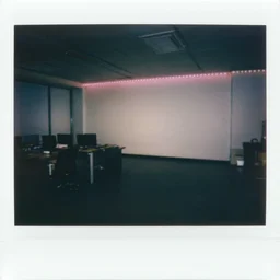 polaroid photo a of lonely office space, desolate atmosphere, faint pink led string lights can be seen, portra 800
