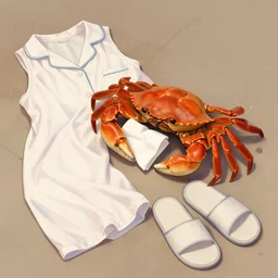 crab holding a napkin in its claw, a nightgown and slippers lying on the ground next to it, digital art