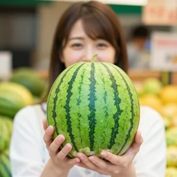 closeup of Chie Satonaka holding a square watermelon at a fruit market in Tokyo, 4k, DSLR camera photo
