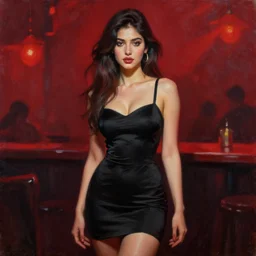 beautiful portrait painting an gorgeous sensual delhi girl wearing a little black dress at a nightclub, red lighting, oil painting, art by ruan jia