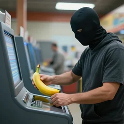 a masked man at a self checkout stealing a single banana, trending on artstation, depth field, unreal engine, cinematic, hyper realism, high detail, octane cinema 4 d render, a 2 4 cinematography, 8 k