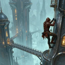 landscape painting of fantasy metal steampunk city that has a light blue glow with walkways and lit windows and you can very clearly see a fine detailed hooded thief in browns leathers climbing one of the tall buildings using a rope, fine details, magali villeneuve, artgerm, rutkowski