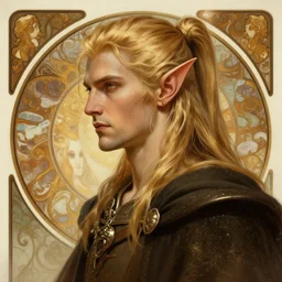 masterpiece ultra realistic digital painting of a male elf with blonde hair in a ponytail, intricate, dramatic, cinematic, fantasy, highly detailed. in the style of alphonse mucha, greg rutkowski, artgerm, artstation trending.