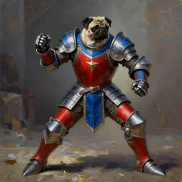 a oil painting of a pugilist / knight in the combat pose wearing red and blue armor in the style of magic the gathering trending on artstation deviantart pinterest detailed realistic hd 8 k high resolution