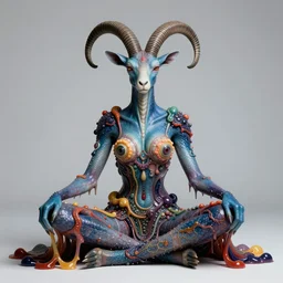 a portrait photograph of a meditating fierce colorful harpy antilope super villian queen with slimy amphibian scaled blue skin. she is wearing a living organic dress. by donato giancola, hans holbein, walton ford, gaston bussiere, peter mohrbacher and brian froud. 8 k, cgsociety, fashion editorial