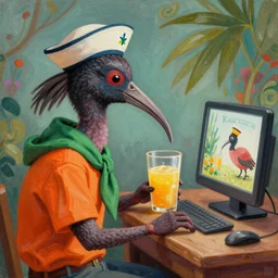 a beautiful painting of an ibis in a sailor hat, wearing an orange and green shirt, drinks juice, and watches tv, inspired by cyril rolando, david wiesner, ornate, intricate, trending on artstation, volumetric lighting, cgsociety