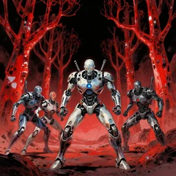 the cyborg hunters are gearing up for battle on a planet of red glass trees, art by fred gambino