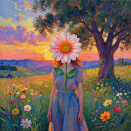 girl with a scaled up flower as a face, surreal photography, dream, standing in flower field, hills, big trees, sunrise dramatic light, impressionist painting, colorful clouds, digital painting, pointillism, artstation, simon stalenhag, flower face