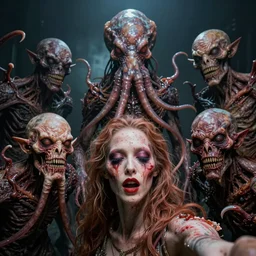 photo booth selfie, horrifically malformed grotesque lovecraftian squid monsters and revolting inhuman hairy mutant demon people
