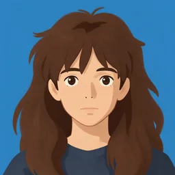 portrait of a boy with long fluffy brown hair. blue background. digital art, procreate, stylized, by rossdraws, ghibli, greg rutkowski