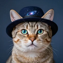 cat with a hat, eyes are that of a galaxy