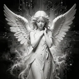 crying angel fantasy, circuitry, explosion, dramatic, intricate, elegant, highly detailed, digital painting, artstation, concept art, smooth, sharp focus, illustration, art by Gustave Dore, octane render