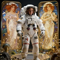highly detailed vfx of emma watson as astronaut, stephen bliss, unreal engine, chrome reflect, tom bagshaw, alphonse mucha, global illumination, detailed and intricate environment