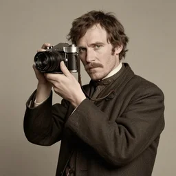 Timothy Spall as Simon Graham (The Last Samurai) holding an old-fashioned camera from the 1800's, studio photograph