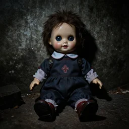 dark photograph of horror doll in basement