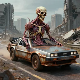 technobiological rusty delorean consisting of tumors, veins, bones, kidneys, wires, guts. rides along the roads of the destroyed technobiological city. biopunk, bodyhorror, high detail, photorealism, full length view, very rust, concept art, octane render, 8 k. cgsociety by wayne barlowe, dariusz zawadzki