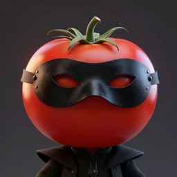 highly detailed 3 d render of a deviant tomato character, wearing a black pantalone masquerade mask, hyper realistic octane render, cinematic lighting, deviantart, lowbrow, surrealism, pixar still