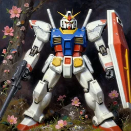 parts of warped mangled mecha gundam and upclose blooming flowers. highly detailed fantasy science fic tion painting by moebius, norman rockwell, frank frazetta, and syd mead. rich colors, high contrast. artstation