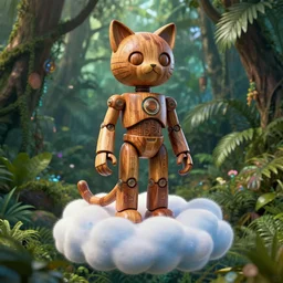 3 d octane render, ultra photorealistic, 8 k hyper detailed image, a beautiful wooden statue of a figurine of a robot wood with cat ears on a magic cloud, jungle forest cyberpunk, alphonse mucha