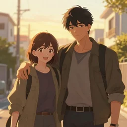 the chosen hero with his trusty friend, detailed, beautiful, golden hour, tokyo suburbs, digital art, artstation